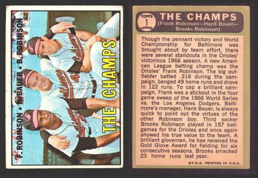 1967 Topps Baseball Trading Card You Pick Singles #1-#99 VG/EX #	1 The Champs - Frank Robinson / Hank Bauer / Brooks Robinson - Baltimore Orioles DP  - TvMovieCards.com