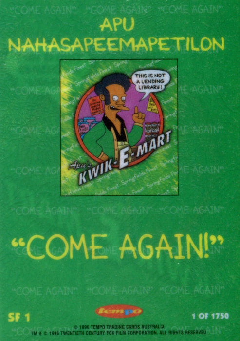 1996 The Simpsons Down Under Springfield's Finest Apu's Kwik E Mart Chase Card SF1   - TvMovieCards.com