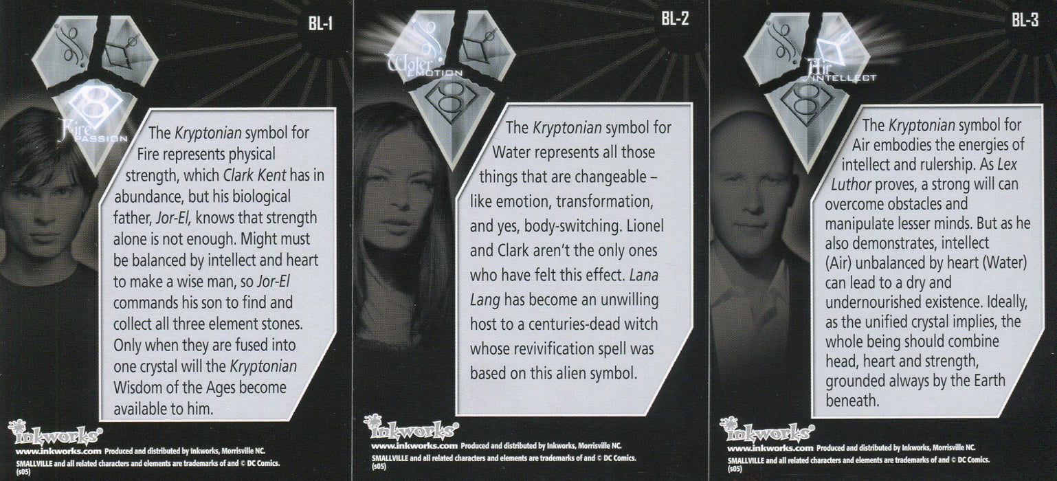 Smallville Season Four Kryptonian Symbols Box Loader Chase Card Set BL1-BL3   - TvMovieCards.com