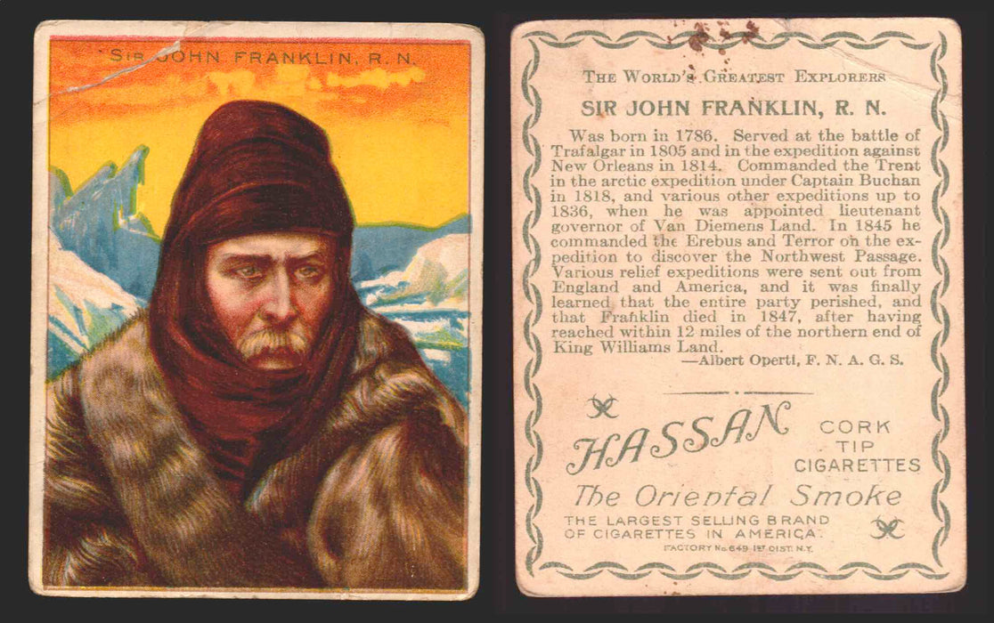 1910 T118 Hassan Cigarettes World's Greatest Explorers Trading Cards Singles #10 Sir John Franklin R. N.  - TvMovieCards.com