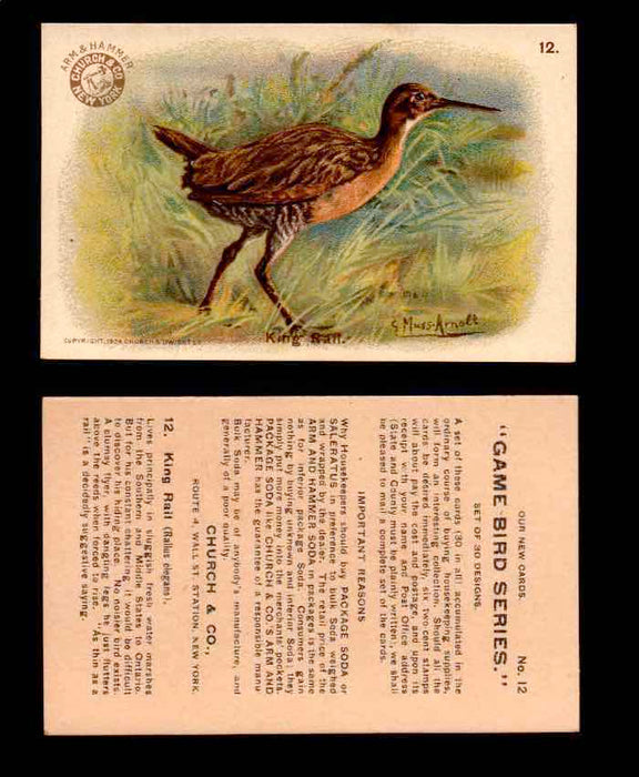 1904 Arm & Hammer Game Bird Series Vintage Trading Cards Singles #1-30 #12 King Rail  - TvMovieCards.com