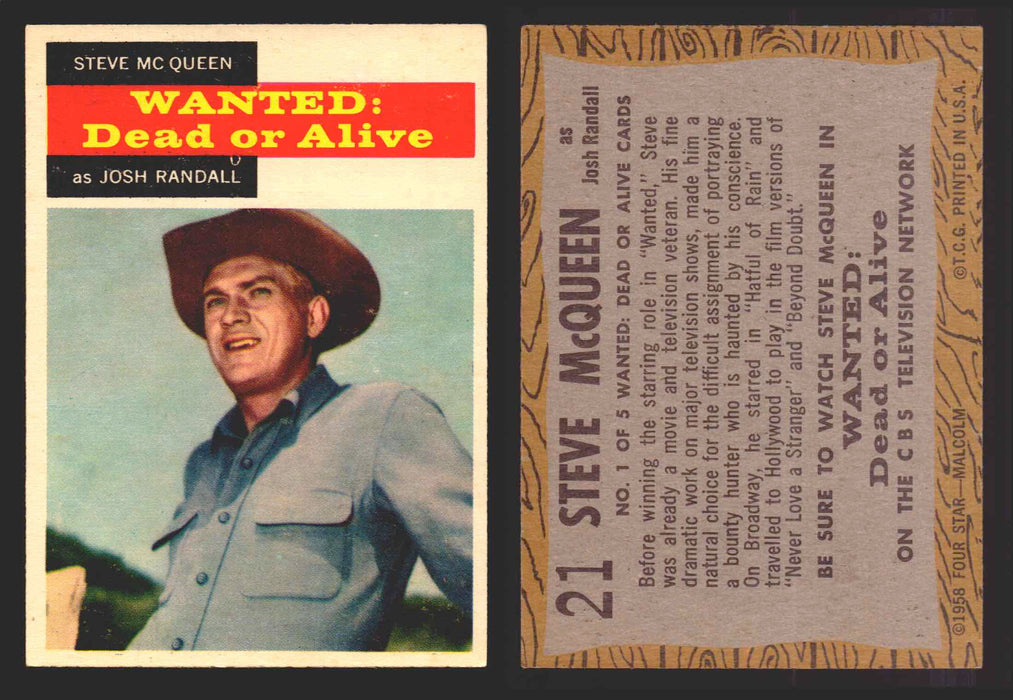 1958 TV Westerns Topps Vintage Trading Cards You Pick Singles #1-71 21   Steve McQueen as Josh Randall  - TvMovieCards.com