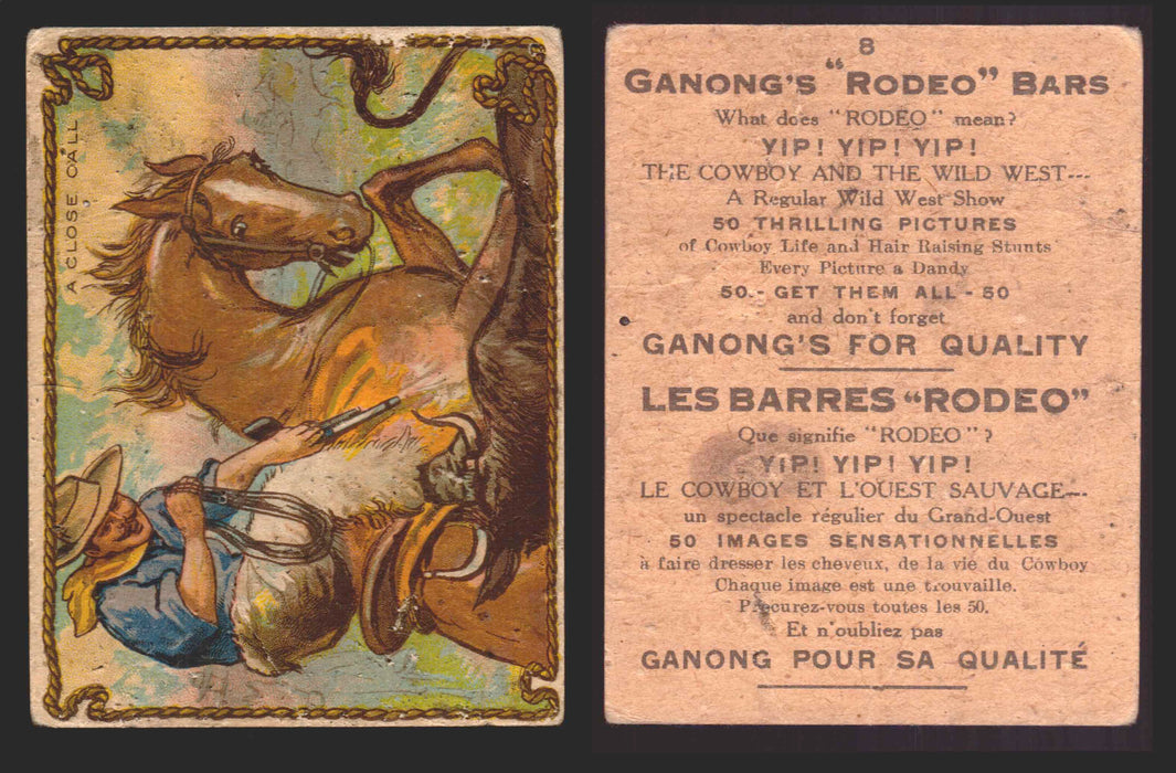 1930 Ganong "Rodeo" Bars V155 Cowboy Series #1-50 Trading Cards Singles #8 A Close Call  - TvMovieCards.com