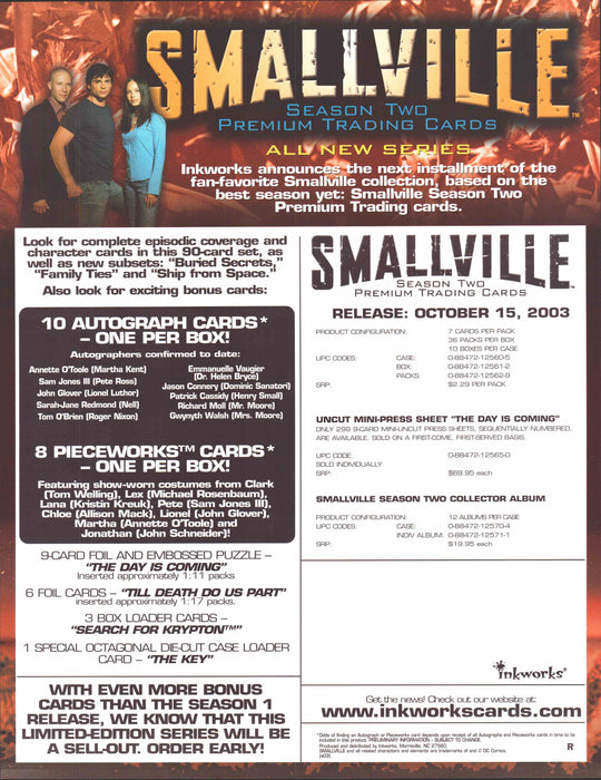 Smallville Season 2 Two Trading Card Dealer Sell Sheet Promotional Sale 2003   - TvMovieCards.com