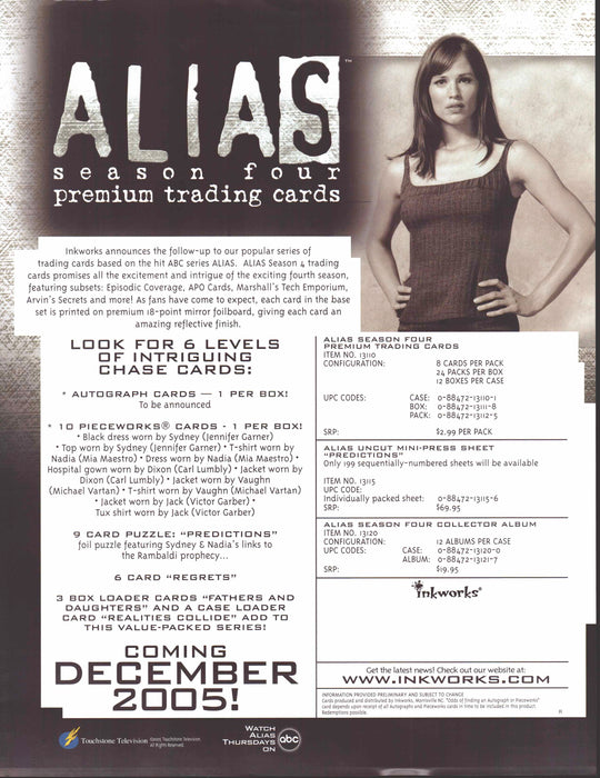 Alias Season 4 Four Trading Card Dealer Sell Sheet Promo Sale Jennifer Garner   - TvMovieCards.com