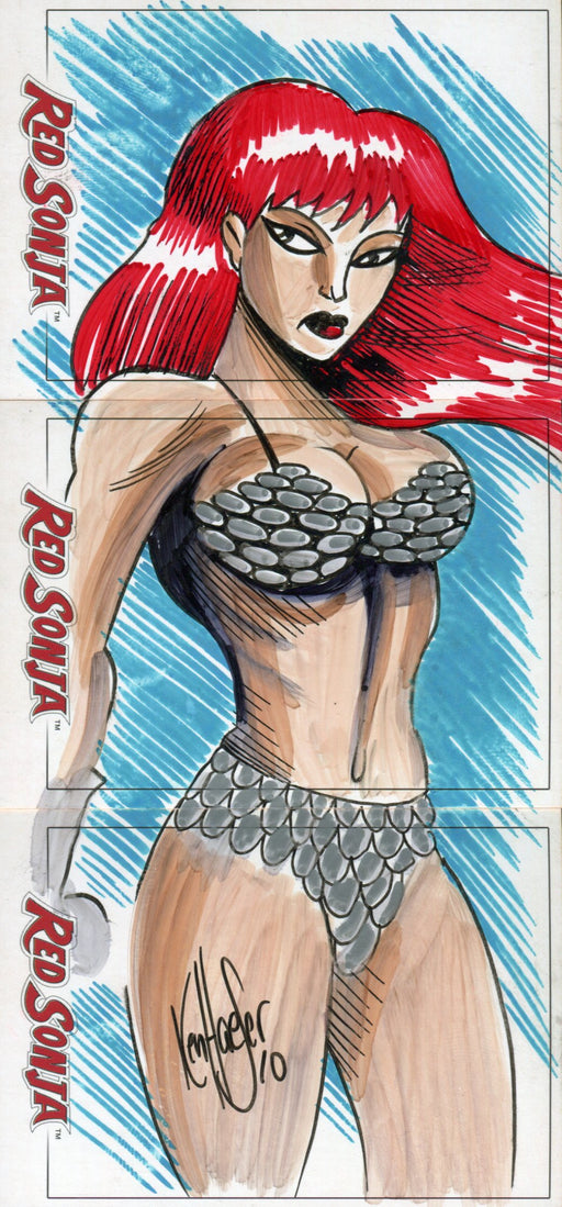 Red Sonja Dynamic Forces 3 Panel Signed Sketch Card by Artist Ken Haeser 2005/6   - TvMovieCards.com
