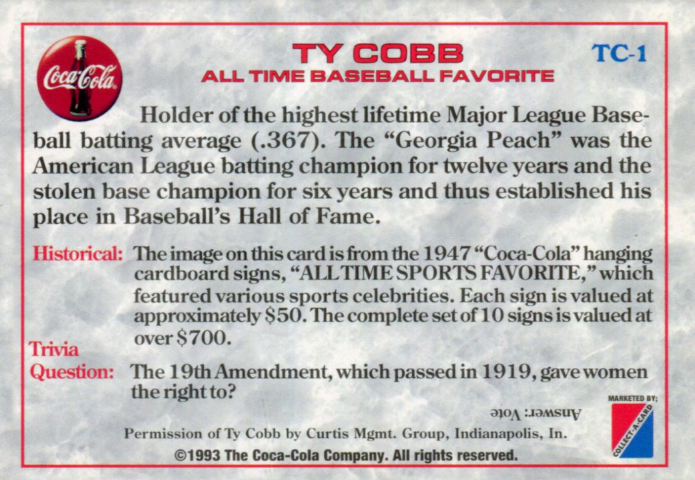 Coca Cola Series 1 Red Foil Chase Card Ty Cobb TC-1 Collect-a-Card 1993   - TvMovieCards.com