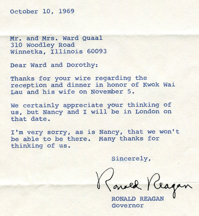 Original Signature Letter Governor Ronald Reagan October 10, 1969   - TvMovieCards.com