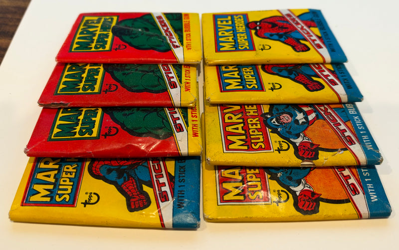 1976 Marvel Super Heroes Sticker Wax Pack Lot of 8 Spiderman Hulk Capt America