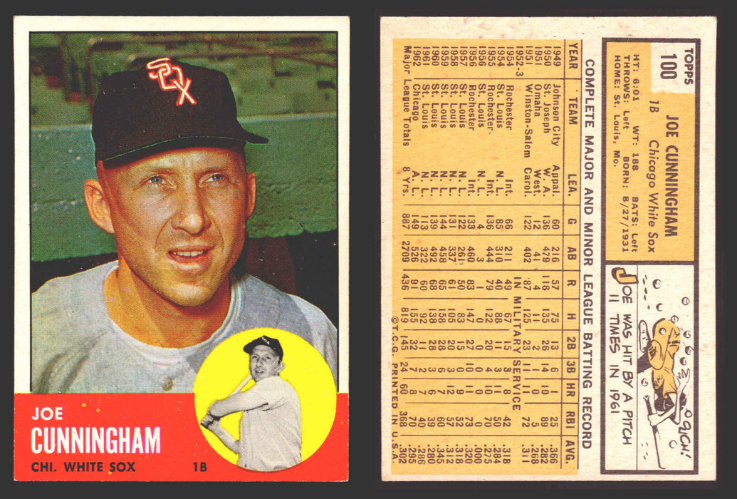 1963 Topps Baseball Trading Card You Pick Singles #100-#199 VG/EX #	100 Joe Cunningham - Chicago White Sox  - TvMovieCards.com