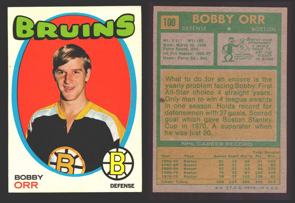 1971-72 Topps NHL Hockey Trading Card You Pick Singles #1-#123 VG/EX #	100 Bobby Orr  - TvMovieCards.com