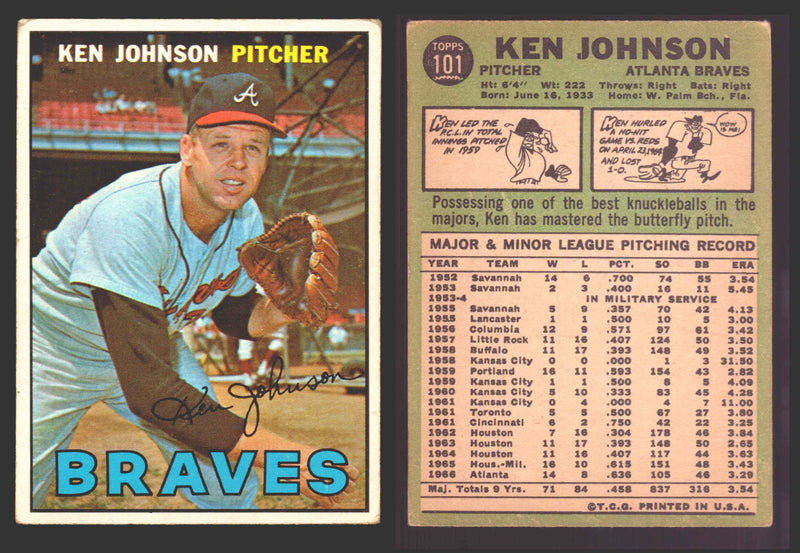 1967 Topps Baseball Trading Card You Pick Singles #100-#199 VG/EX #	101 Ken Johnson - Atlanta Braves  - TvMovieCards.com