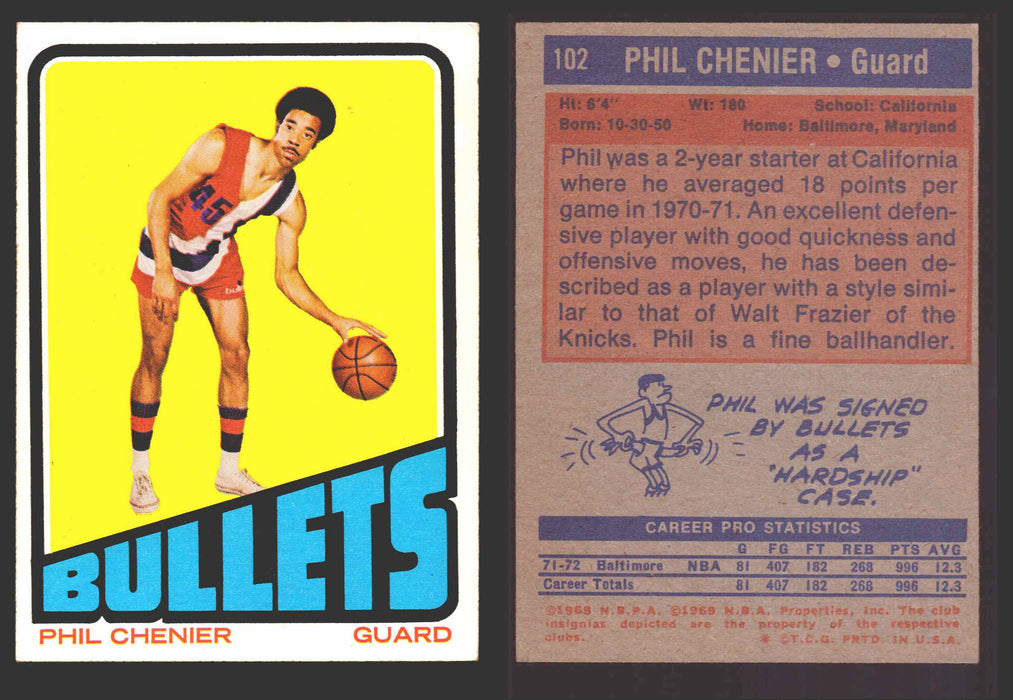 1971-72 Topps Basketball Trading Card You Pick Singles #1-#253 VG/EX #	102 Phil Chenier - Baltimore Bullets RC  - TvMovieCards.com