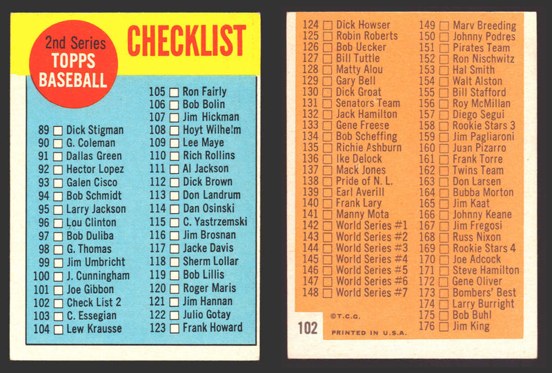 1963 Topps Baseball Trading Card You Pick Singles #100-#199 VG/EX #	102 Checklist 89-176  - TvMovieCards.com