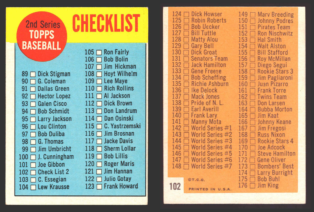 1963 Topps Baseball Trading Card You Pick Singles #100-#199 VG/EX #	102 Checklist 89-176  - TvMovieCards.com