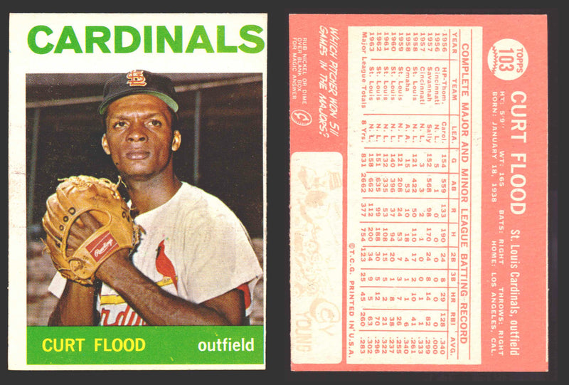1964 Topps Baseball Trading Card You Pick Singles #100-#199 VG/EX #	103 Curt Flood - St. Louis Cardinals  - TvMovieCards.com