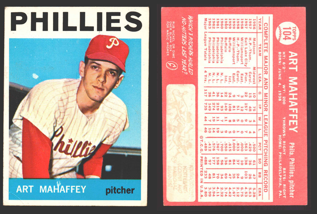 1964 Topps Baseball Trading Card You Pick Singles #100-#199 VG/EX #	104 Art Mahaffey - Philadelphia Phillies  - TvMovieCards.com
