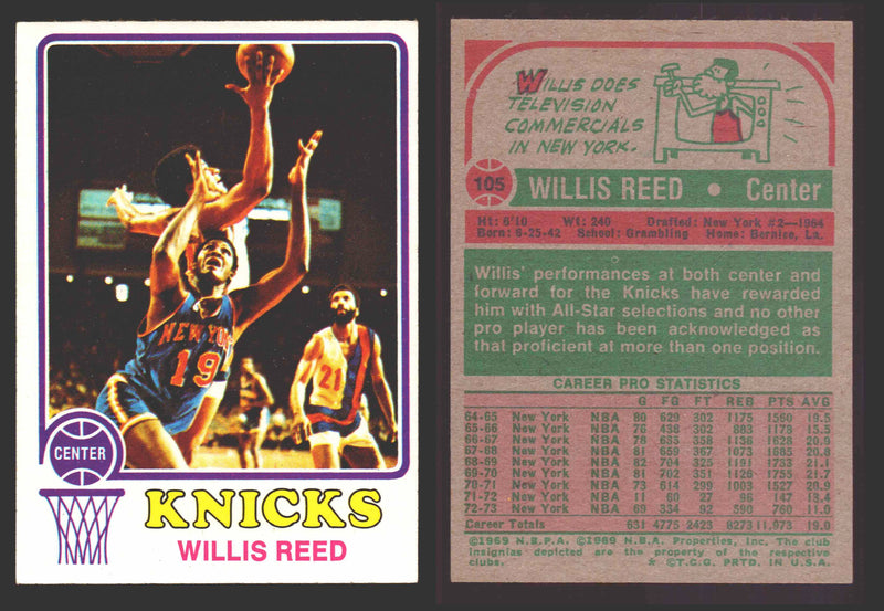 1973-74 Topps Basketball Trading Card You Pick Singles #1-#231 VG/EX #	105 Willis Reed - New York Knicks  - TvMovieCards.com