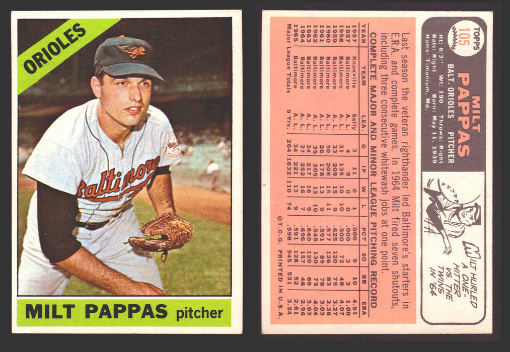 1966 Topps Baseball Trading Card You Pick Singles #100-#399 VG/EX #	105 Milt Pappas - Baltimore Orioles  - TvMovieCards.com