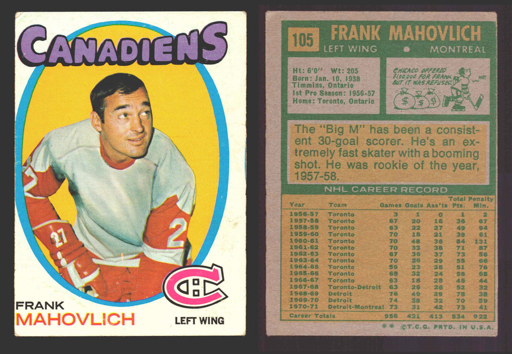 1971-72 Topps NHL Hockey Trading Card You Pick Singles #1-#123 VG/EX #	105 Frank Mahovlich  - TvMovieCards.com