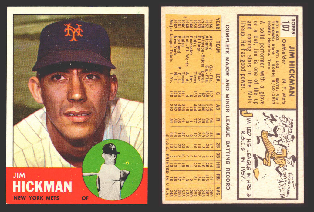 1963 Topps Baseball Trading Card You Pick Singles #100-#199 VG/EX #	107 Jim Hickman - New York Mets  - TvMovieCards.com