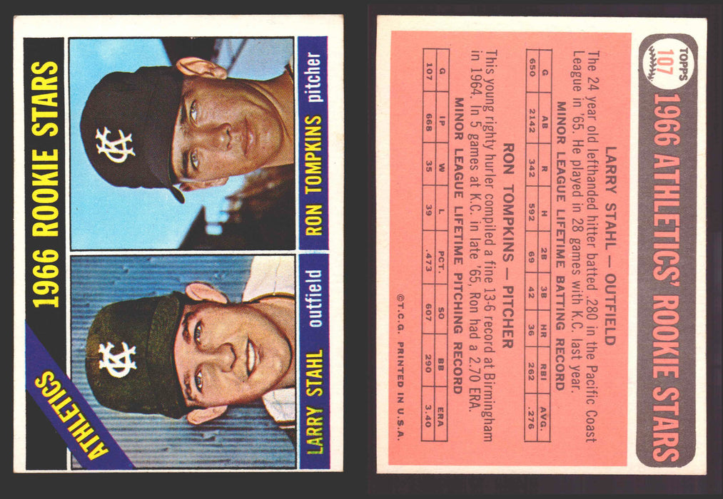 1966 Topps Baseball Trading Card You Pick Singles #100-#399 VG/EX #	107 Athletics Rookies - Larry Stahl / Ron Tompkins RC  - TvMovieCards.com