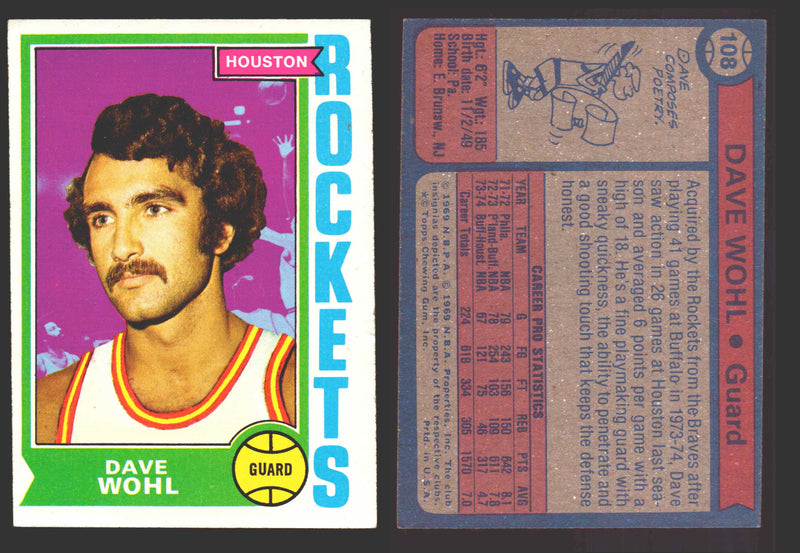 1974-75 Topps Basketball Trading Card You Pick Singles #100-#199 VG/EX #	108 Dave Wohl - Houston Rockets  - TvMovieCards.com