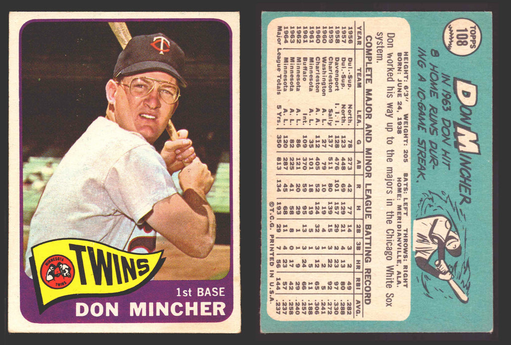 1965 Topps Baseball Trading Card You Pick Singles #100-#199 VG/EX #	108 Don Mincher - Minnesota Twins  - TvMovieCards.com