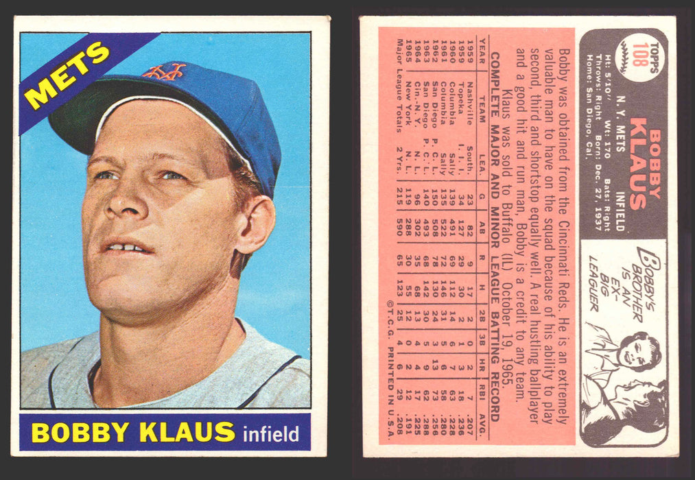 1966 Topps Baseball Trading Card You Pick Singles #100-#399 VG/EX #	108 Bobby Klaus - New York Mets  - TvMovieCards.com