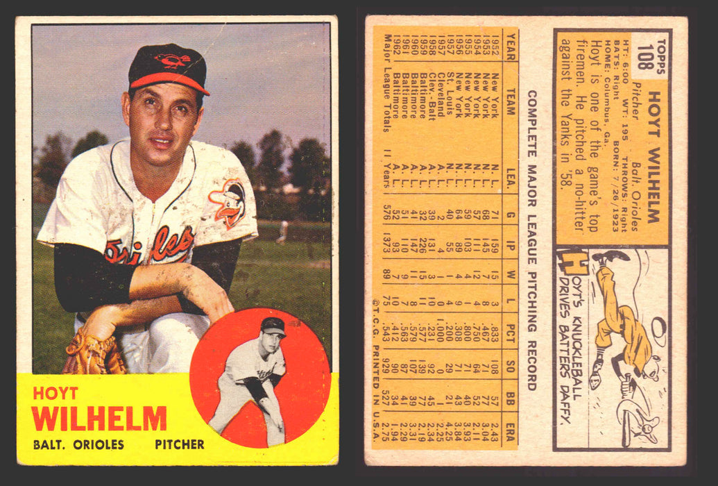 1963 Topps Baseball Trading Card You Pick Singles #100-#199 VG/EX #	108 Hoyt Wilhelm - Baltimore Orioles (creased)  - TvMovieCards.com