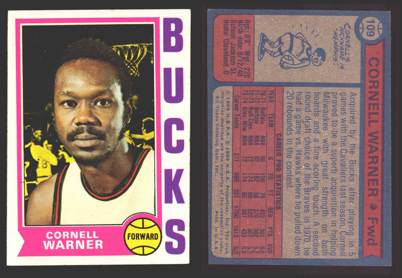 1974-75 Topps Basketball Trading Card You Pick Singles #100-#199 VG/EX #	109 Cornell Warner - Milwaukee Bucks  - TvMovieCards.com