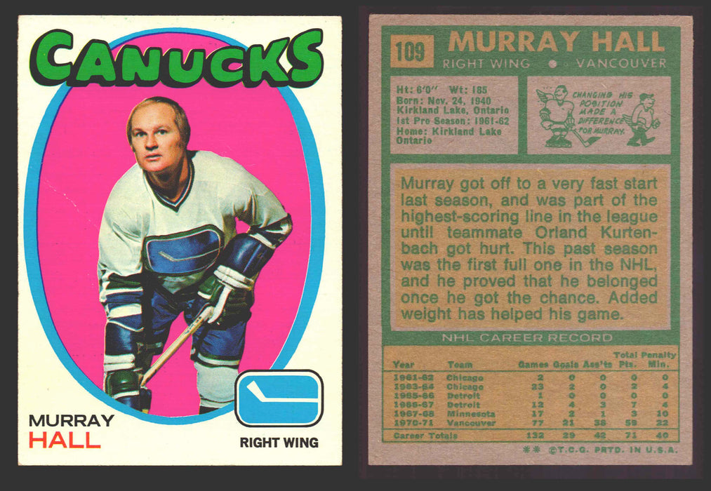 1971-72 Topps NHL Hockey Trading Card You Pick Singles #1-#123 VG/EX #	109 Murray Hall  - TvMovieCards.com