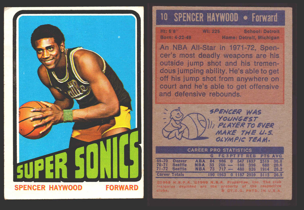 1971-72 Topps Basketball Trading Card You Pick Singles #1-#253 VG/EX #	10 Spencer Haywood - Seattle SuperSonics  - TvMovieCards.com