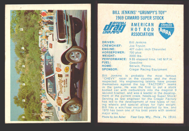 AHRA Official Drag Champs 1971 Fleer Vintage Trading Cards You Pick Singles #1-6 10 Bill Jenkins' "Grumpy's Toy" 1969 Camaro Super Stock - TvMovieCards.com