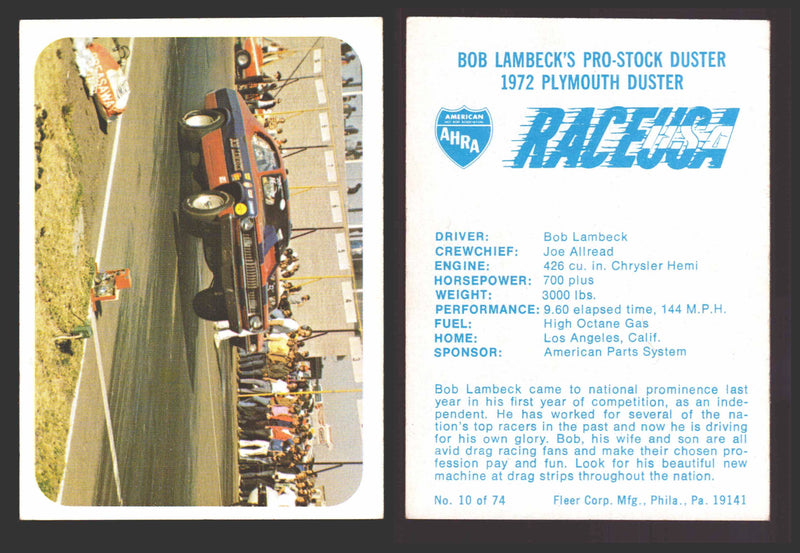 Race USA AHRA Drag Champs 1973 Fleer Vintage Trading Cards You Pick Singles 10 of 74   Bob Lambeck's  - TvMovieCards.com