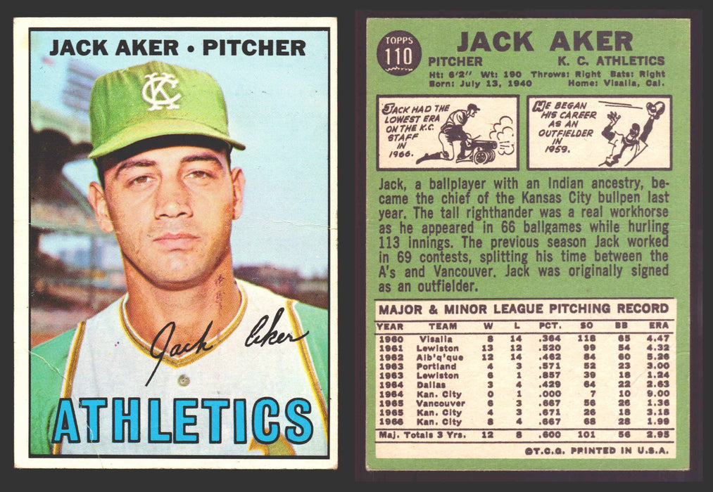 1967 Topps Baseball Trading Card You Pick Singles #100-#199 VG/EX #	110 Jack Aker - Kansas City Athletics (creased)  - TvMovieCards.com