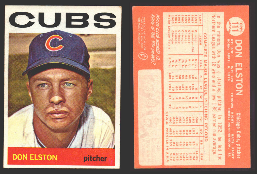 1964 Topps Baseball Trading Card You Pick Singles #100-#199 VG/EX #	111 Don Elston - Chicago Cubs  - TvMovieCards.com