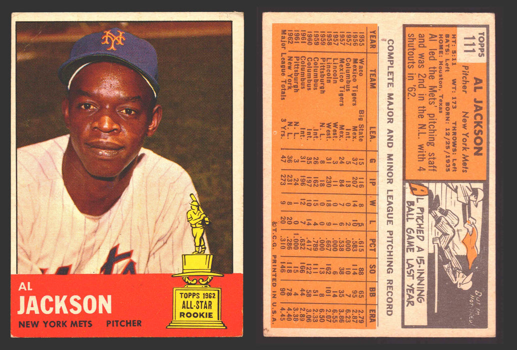 1963 Topps Baseball Trading Card You Pick Singles #100-#199 VG/EX #	111 Al Jackson - New York Mets (creased)  - TvMovieCards.com
