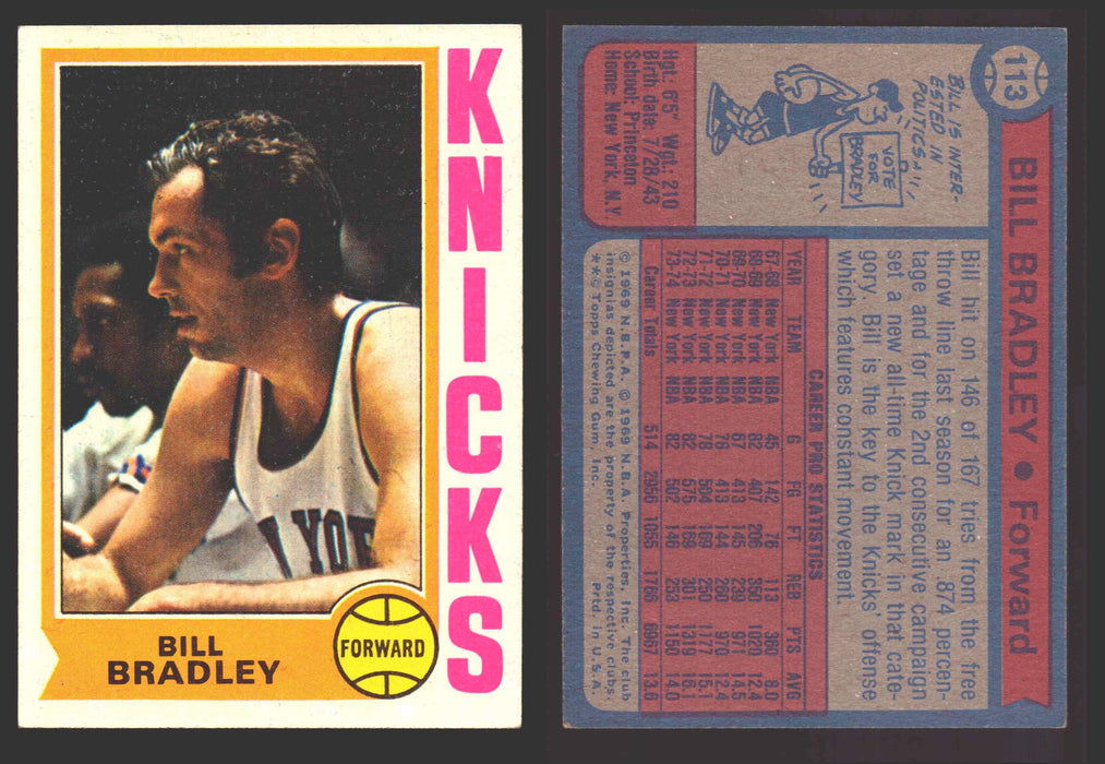 1974-75 Topps Basketball Trading Card You Pick Singles #100-#199 VG/EX #	113 Bill Bradley - New York Knicks  - TvMovieCards.com