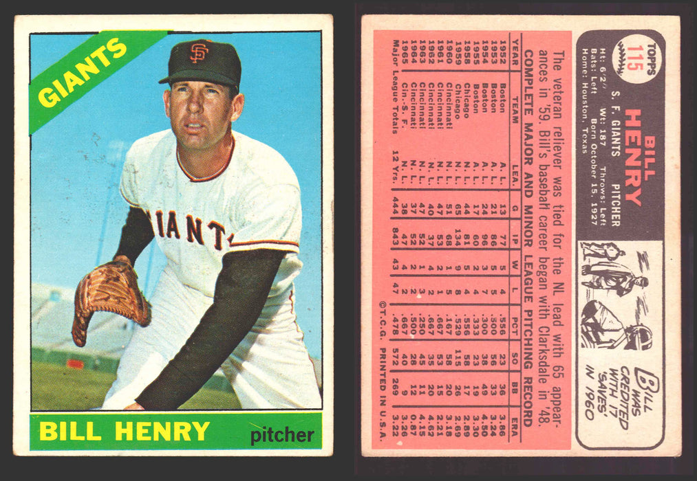 1966 Topps Baseball Trading Card You Pick Singles #100-#399 VG/EX #	115 Bill Henry - San Francisco Giants  - TvMovieCards.com