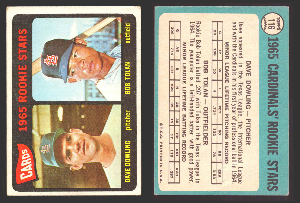 1965 Topps Baseball Trading Card You Pick Singles #100-#199 VG/EX #	116 Cardinals Rookies - Dave Dowling / Bob Tolan RC  - TvMovieCards.com