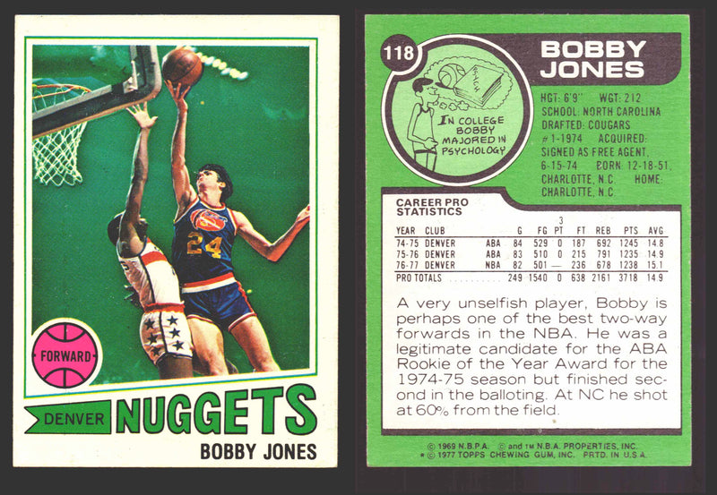 1977-78 Topps Basketball Trading Card You Pick Singles #1-#132 VG/EX #	118 Bobby Jones - Denver Nuggets  - TvMovieCards.com