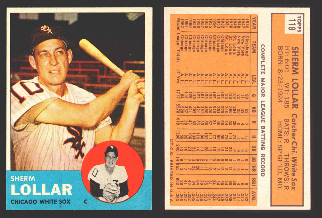 1963 Topps Baseball Trading Card You Pick Singles #100-#199 VG/EX #	118 Sherm Lollar - Chicago White Sox  - TvMovieCards.com