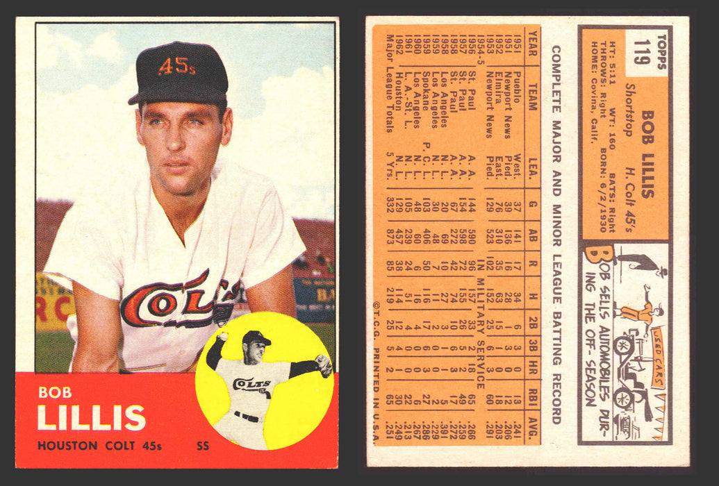 1963 Topps Baseball Trading Card You Pick Singles #100-#199 VG/EX #	119 Bob Lillis - Houston Colt .45's  - TvMovieCards.com