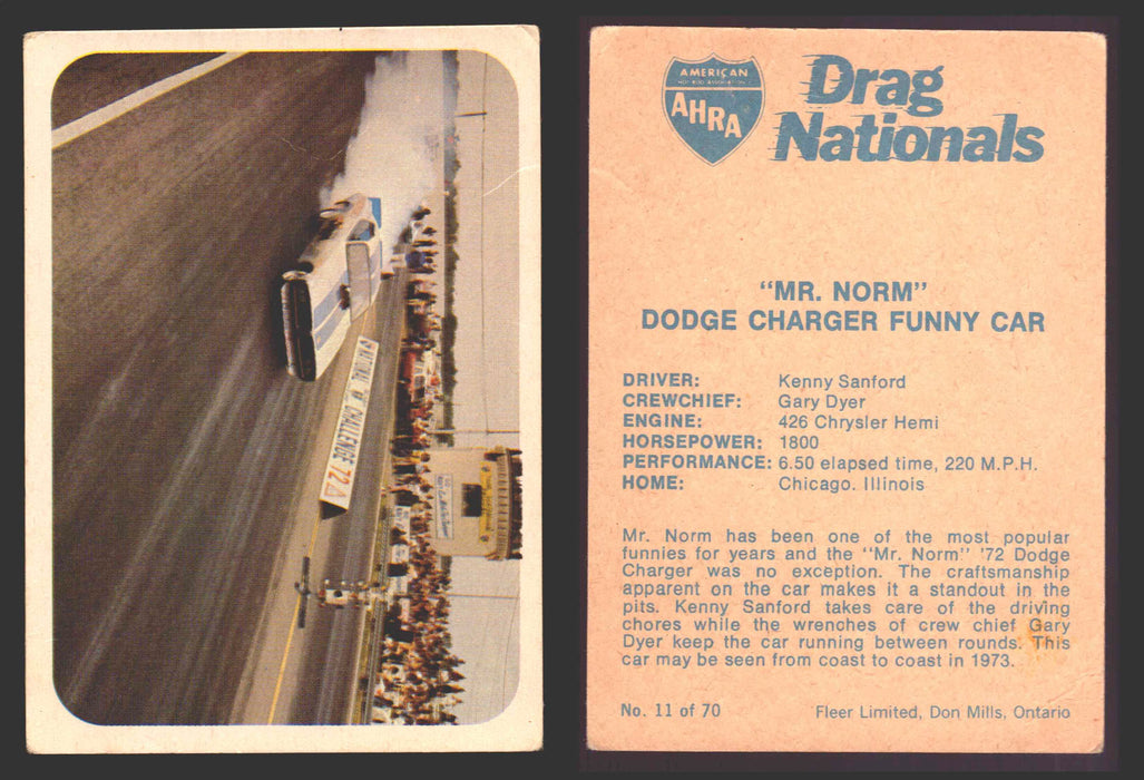 AHRA Drag Nationals 1971 Fleer Canada Trading Cards You Pick Singles #1-70 11 of 70   Mr. Norm's                      Dodge Charger Funny Car  - TvMovieCards.com