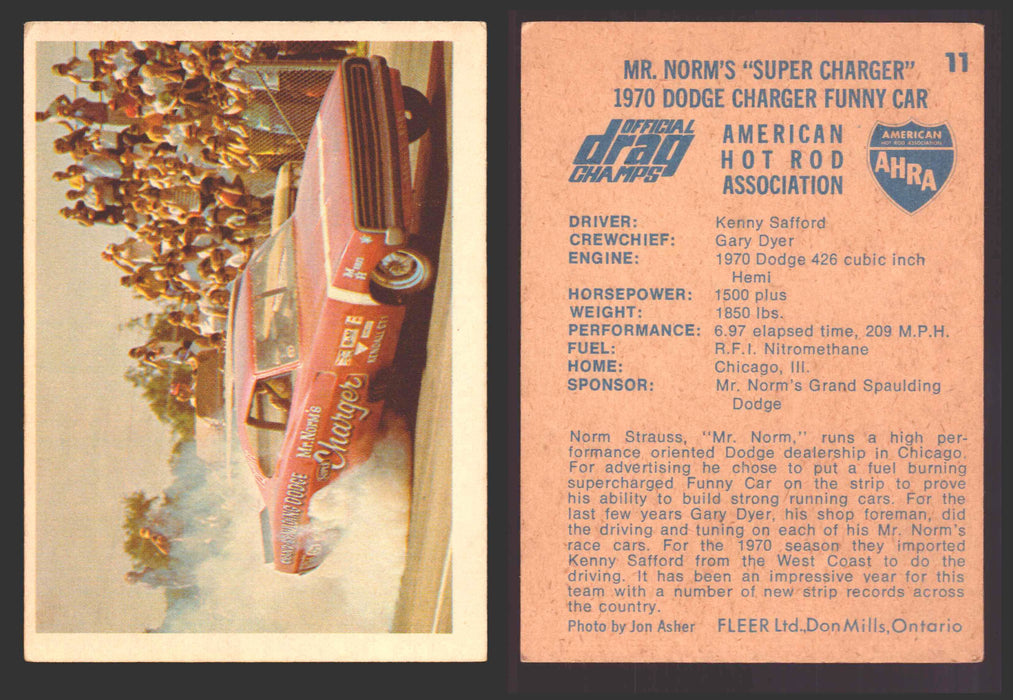 AHRA Official Drag Champs 1971 Fleer Canada Trading Cards You Pick Singles #1-63 11   Mr. Norm's "Super Charger"                       1970 Dodge Charger Funny Car  - TvMovieCards.com