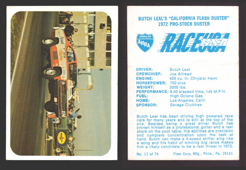 Race USA AHRA Drag Champs 1973 Fleer Vintage Trading Cards You Pick Singles 11 of 74   Butch Leal's "California Flash Duster"  - TvMovieCards.com