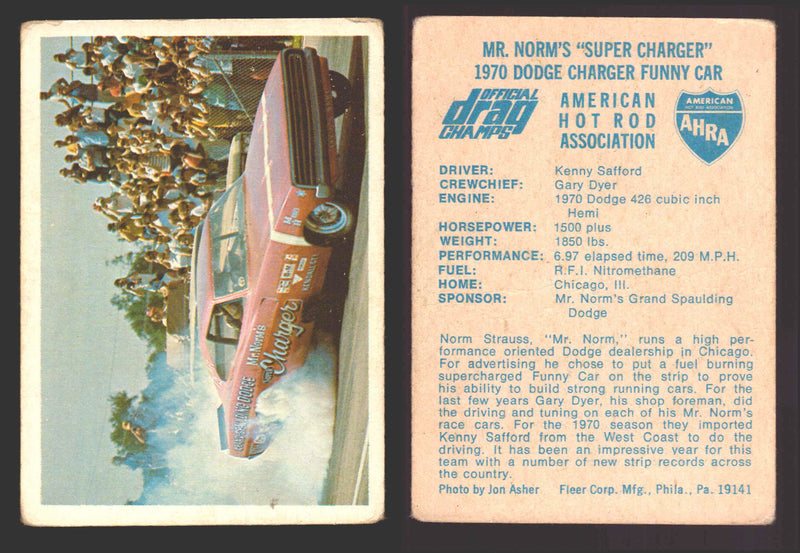 AHRA Official Drag Champs 1971 Fleer Vintage Trading Cards You Pick Singles #1-6 11 Mr. Norm's "Super Charger" 1970 Dodge Charger Funny Car - TvMovieCards.com