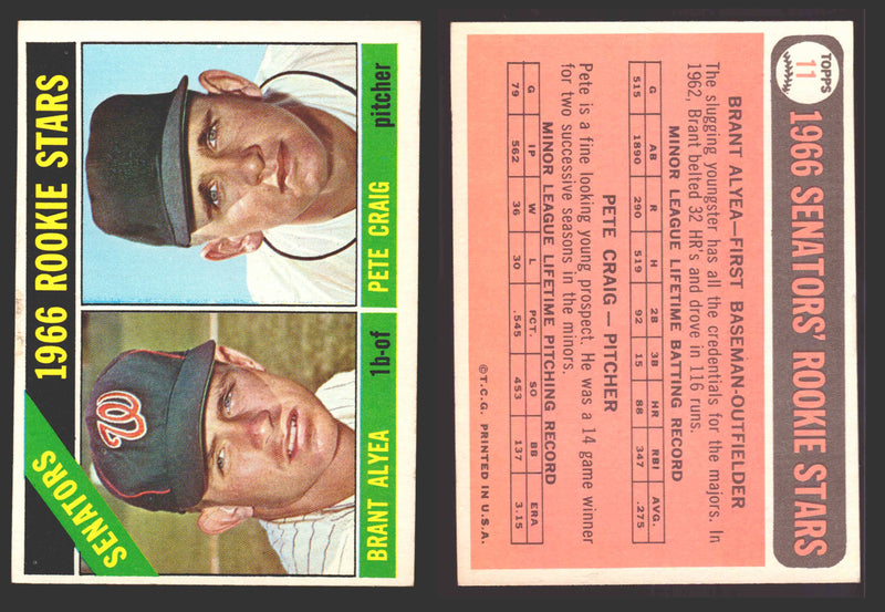 1966 Topps Baseball Trading Card You Pick Singles #1-#99 VG/EX #	11 Senators Rookies - Brant Alyea / Pete Craig RC  - TvMovieCards.com