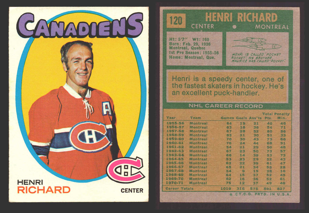 1971-72 Topps NHL Hockey Trading Card You Pick Singles #1-#123 VG/EX #	120 Henri Richard  - TvMovieCards.com